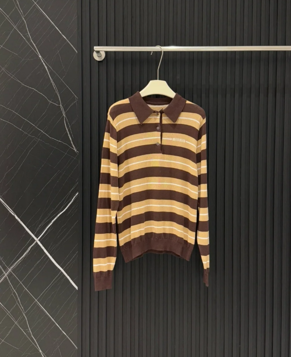 Miu Miu Brown and Cream Striped Long-Sleeve Polo Sweater